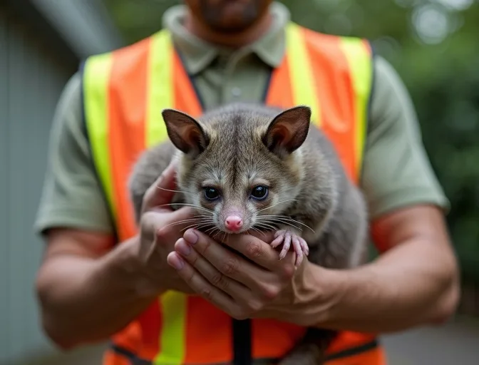 Animal handler safely recovering a deceased possum in Belmont