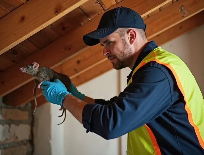 Technician inspecting a roof cavity for a dead rat in Belmont